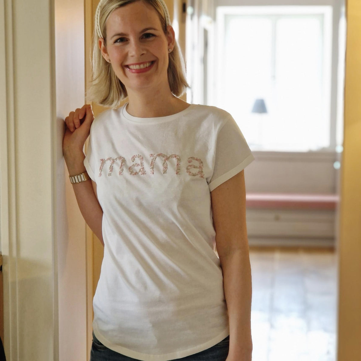 Mama T-Shirt, für Erwachsene, rosa-beige bestickt