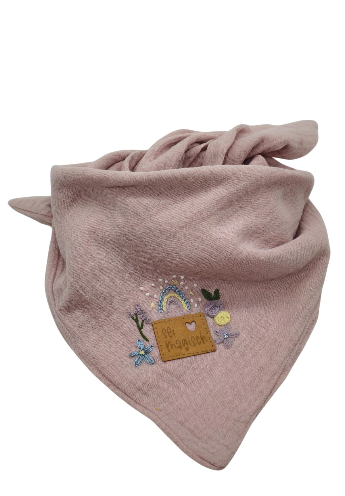 Dreieckstuch rosa, bestickt, Blumen
