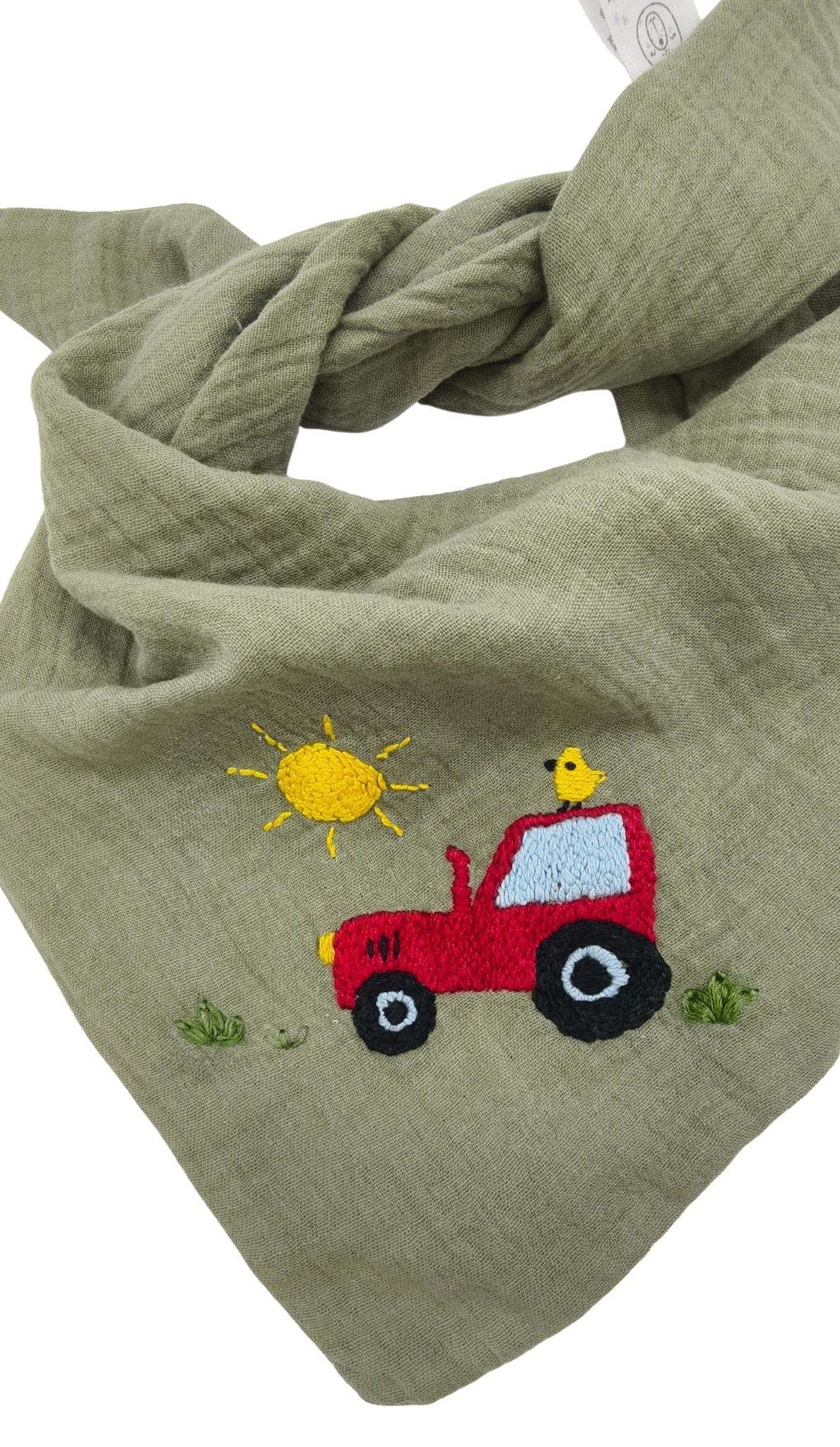 Dreieckstuch olive, bestickt, Traktor