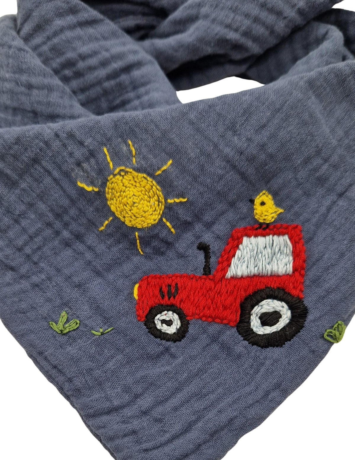 Dreieckstuch blau, bestickt, Traktor