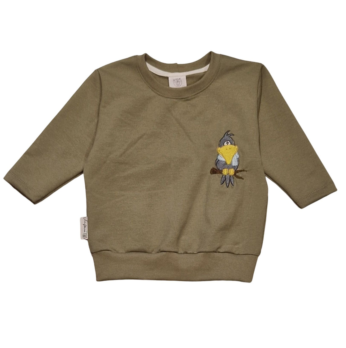 Sweater olive, Rabe bestickt