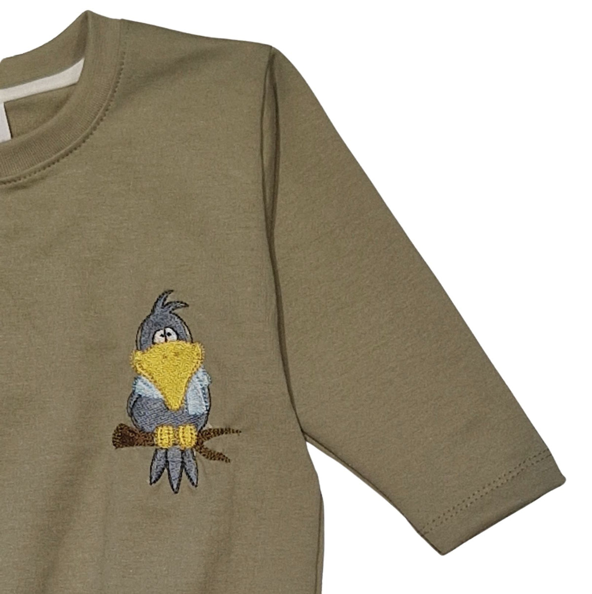 Sweater olive, Rabe bestickt