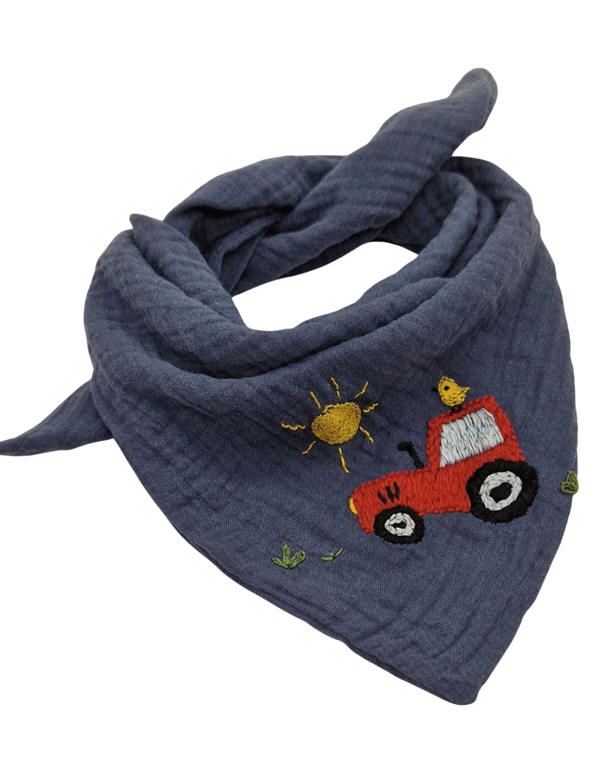 Dreieckstuch blau, bestickt, Traktor