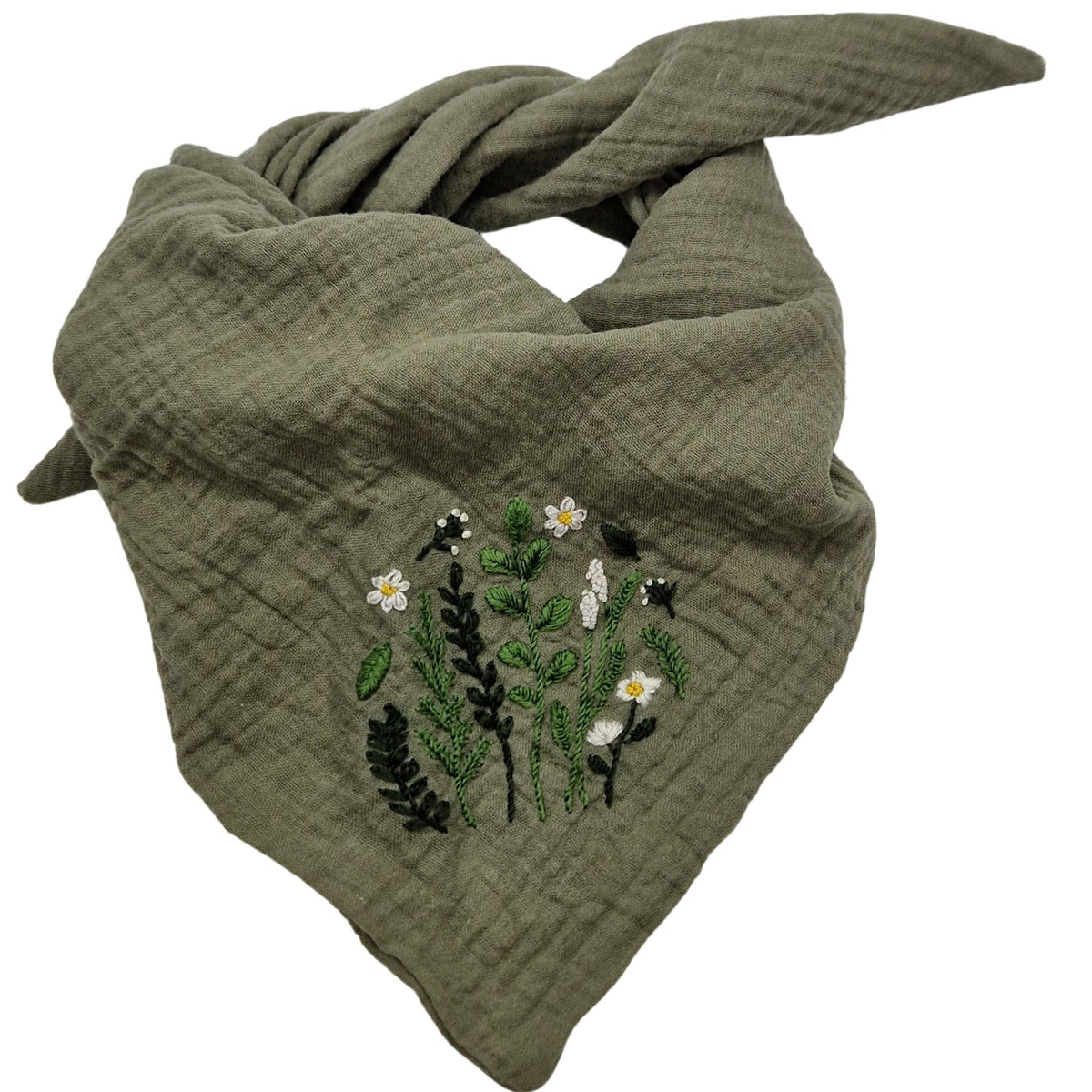 Dreieckstuch oliv, bestickt, Blumen